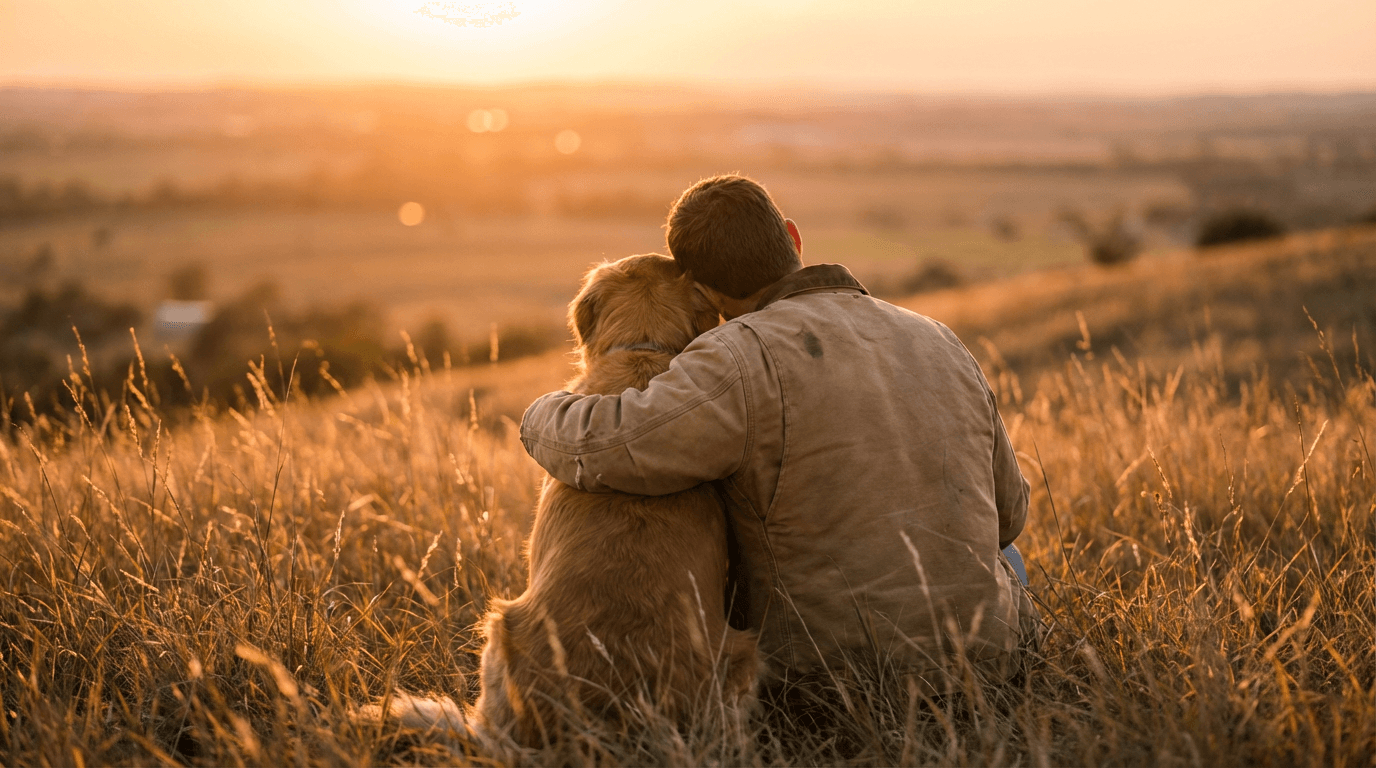 Person embracing their dog while watching a sunset over a Texas field
