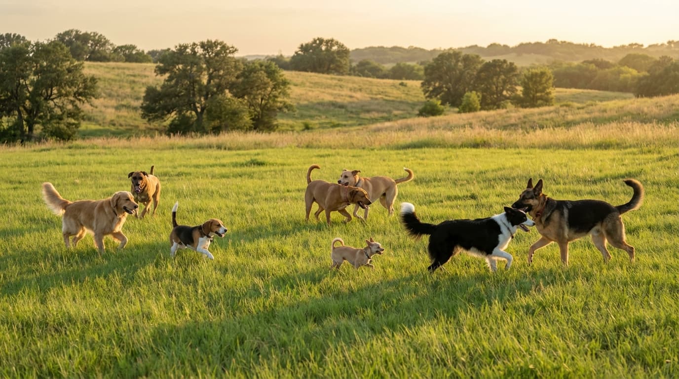 Dogs of various sizes playing in a sunny Texas field